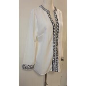 White Embroidered Boho Tunic Top Long Sleeve Black Trim V-Neck Medium Unbranded